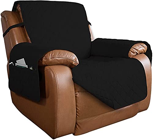 Image of PureFit Reversible Quilted Oversized Recliner Sofa Cover, Water Resistant Furniture Protector, Washable Couch Cover with Elastic Straps for Kids, Pets (Large, Black /Black)