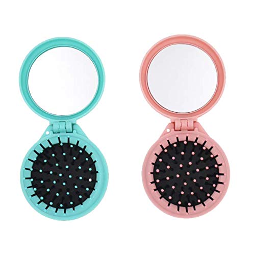 Aeyistry 2 Pcs Round Travel Hair Brush Mini Hair Comb With Make Up Mirror Portable Folding Hair Brush For Travel(Pink,Blue) #TOP11