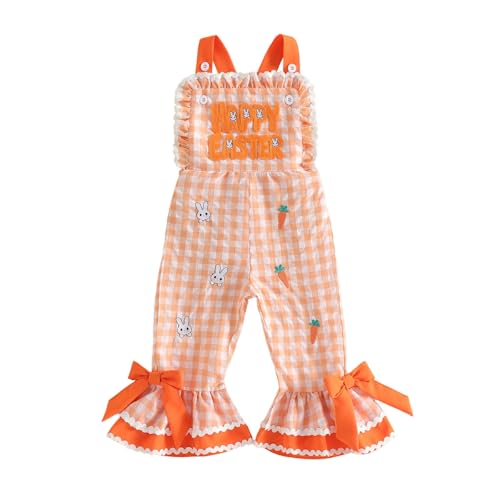 Feclmiyt Toddler Baby Girl Easter Outfit Bunny Overalls Plaid Ruffle Bell-Bottom Overall Pants One Piece Romper Casual (Orange, 12-18 Months)