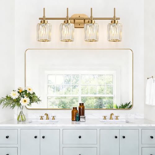 Image of Modern Crystal Bathroom Vanity Light, 4-Light Gold Bathroom Light Fixtures Over Mirror, Crystal Vanity Light with Brushed Gold Finish (Bulbs Not Included)