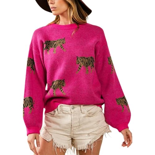 Women Oversized Knit Sweater Tiger Print Long Sleeve Pullover Tops Aesthetic Clothes Streetwear Knitwear