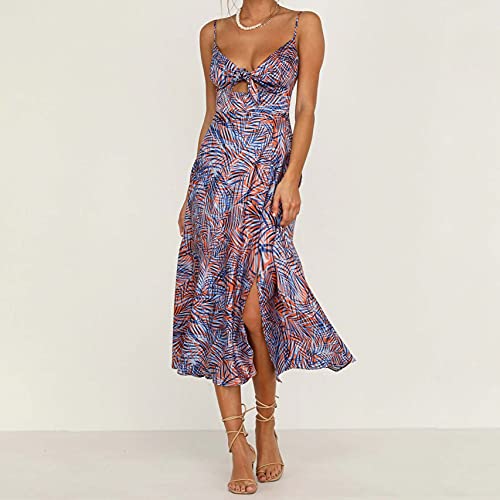 Image of Fashionme Women Spaghetti Strap Midi Satin Dresses Tie Front Backless Slit Cutout Dress Semi-Formal /Casual Flowy Lightweight