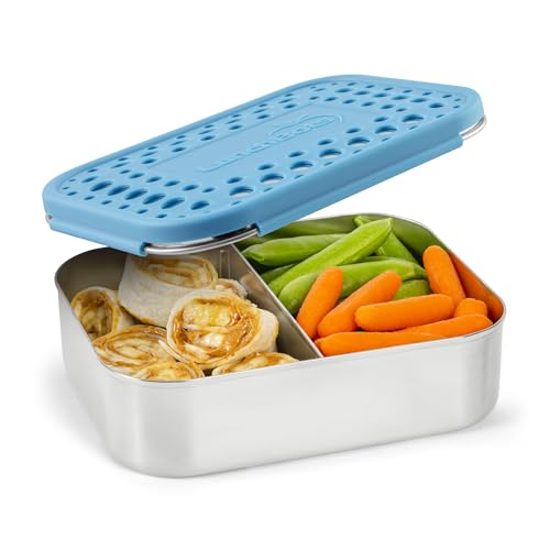 LunchBots Medium Duo Snack Container - Divided Stainless Steel Food Container - Two Sections for Half Sandwich and a Side - Eco-Friendly - Dishwasher Safe - Stainless Lid - Aqua Dots