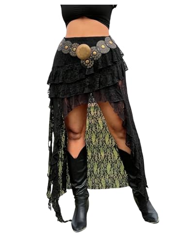 Floerns Women's Plus Size Lace Sheer Long Skirt Asymmetrical Layered Ruffle Concert Outfit