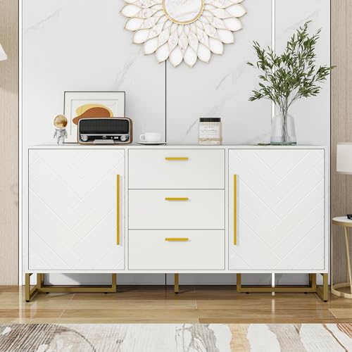 Elegante aparador blanco con diseño de espiga multifuncional con 2 puertas y 3 cajones para comedor, cocina y sala de estar