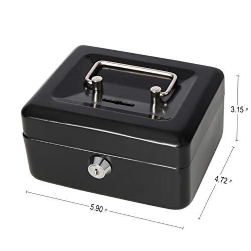 Decaller Small Cash Box with Lock and Slot, Metal Coin Bank Piggy Bank for Adults & Kids, 5.9" x 4.7" x 3.2", Black
