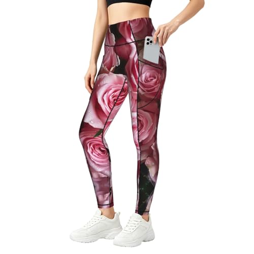 Legging imprimé roses fraîches rouges pour femme avec poches de sport