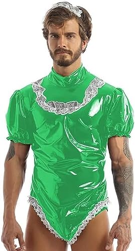 ボディスーツラテックスウェットルック PVC メンズロリータパフ半袖メイドコスプレ衣装ビニールメイドドレスゴシックジャンプスーツ,緑,XXL