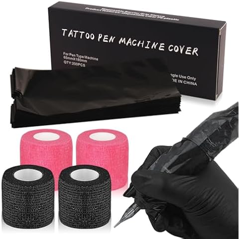 Tattoo Machine Pen Covers with Grip Tape Wrap - Narkysus 200Pcs Large Tattoo Machine Covers Black Tattoo Pen Bags Covers and 4Pcs Tattoo Machine Tape Grip Wrap Self-Adhesive Tape Tattoo Supplies Cover