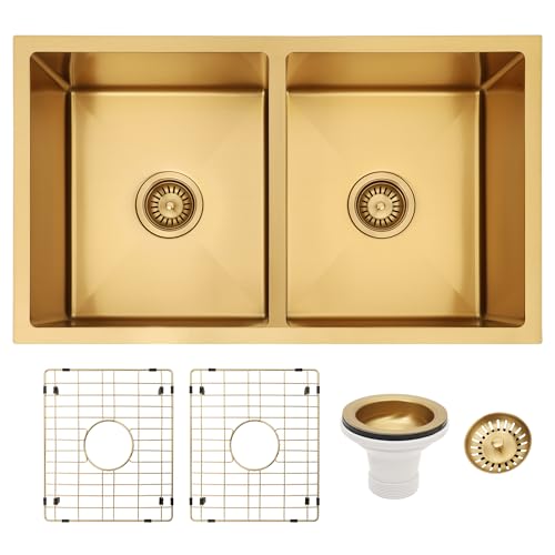 Kitsitchen Stainless Steel Kitchen Sink with Double Bowls & Waste Strainers, 760mm x 450mm x 230mm, Water Basin Sinks with 3mm Thick Edge, Dishwashing Workstation, Gold Color