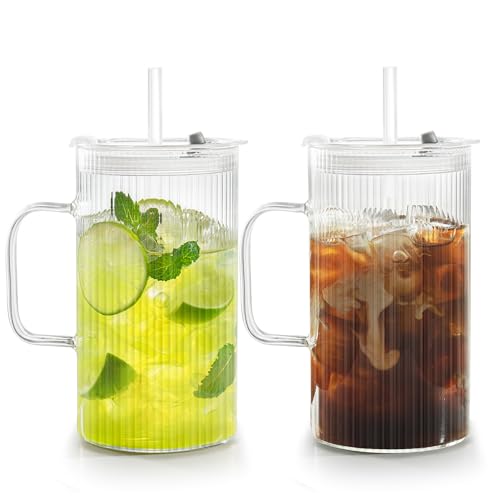 Puraville 2 Pack 25oz Glass Cups with Lids and Straws, High Borosilicate Ribbed Drinking Glasses Tumbler with Handle for Iced Coffee, Glassware Mason Jar Smoothie Cup for Long Drinks