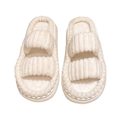 Women's Minimalist Stripe Design Fuzzy Bedroom Slippers, Warm Fluffy Open Toe Slippers for Women, Double Strap Plush Slippers
