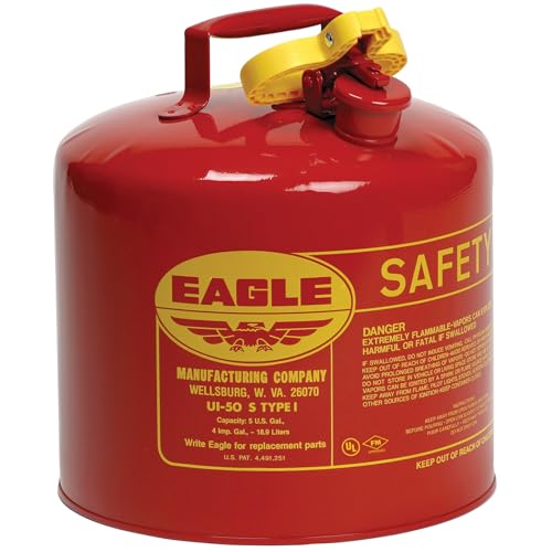 Eagle 5 Gallon Type I Red Safety Gas Can for Gasoline with Flame Arrester and Self-Closing Lid, Made in the USA, Galvanized Steel Flammable Storage Can, UI50S