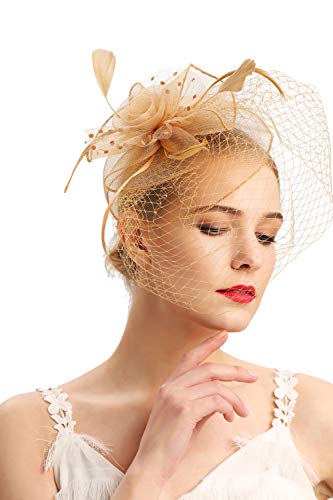 Cizoe Fascinators Hats 20S 50S Hat Pillbox Hat Cocktail Tea Party Headwear With Veil For Girls And Women(D-Gold) #TOP1