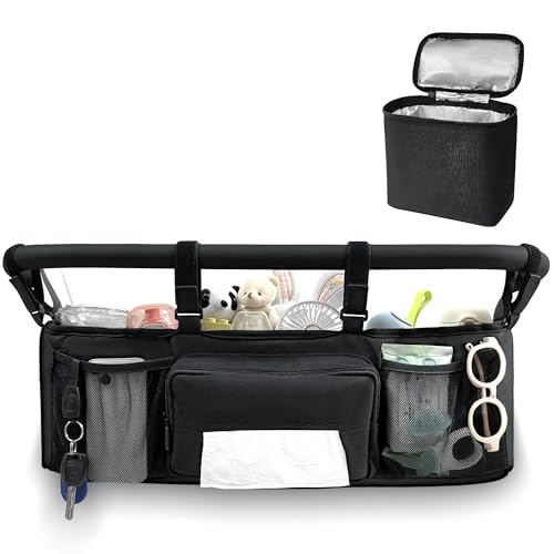 OVNTHYK Double Stroller Organizer for Bob Duallie and Baby Jogger City Mini GT2 Double Jogging Stroller Caddy with 2 Insulated Cooler Pockets & Detachable Bag