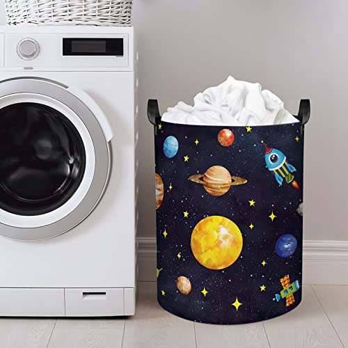 Clastyle 45L Boys Black Planets Nursery Hamper Collapsible Outer Space Laundry Basket With Drawstring Waterproof Kids Room Storage Basket With Handle, 14 * 17.7 In #TOP3