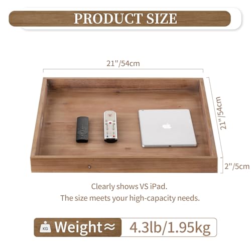 Hanobe Square Large Ottoman Tray: Extra Large Wooden Serving Trays - Rustic Decorative Tray for Ottoman Coffee Table with Handles for Living Room Brown - Image 4