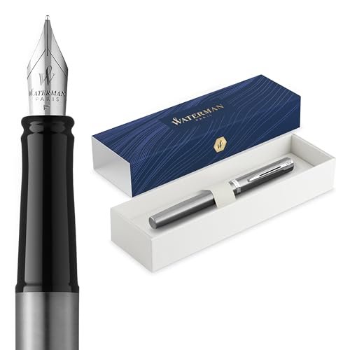 Waterman Impression Füller | Mittlere Feder mit blauer Tintenpatrone | Edelstahl mit palladiumbeschichtetem Zierrat | Geschenkbox
