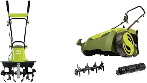 Sun Joe TJ603E - AJ801E - Cilindro eléctrico y cultivador de 16 pulgadas, verde y AJ801E 12 Amp 13 pulgadas con bolsa de colección extraíble de 8