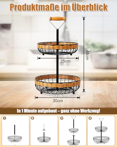 Frutero de ratán de 2 niveles con cestos extraíbles y elegante acabado negro de 45 cm 8