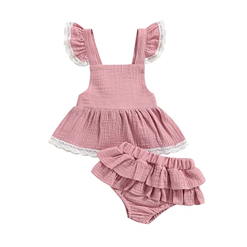 Fernvia Newborn Baby Girl Summer Clothes 3 6 9 12 18 Months Cute Lace Sleeveless Skirt & Ruffle Shorts Infant Skirt Outfits 2Pcs (Purple Pink, 3-6 Months) #TOP24