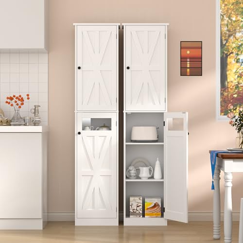 Image of Halitaa Tall Narrow Bathroom Storage Cabinet, Slim Bathroom Cabinet with Adjustable Shelves and 2 Doors, Farmhouse Freestanding Floor Storage for Small Spaces, Bathroom, Kitchen, Living Room, White