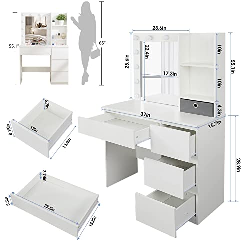 Makeup Vanity With Lights, 37Inch Vanity Desk, 4 Large Drawers Dresser With Lighted Mirror, 3 Lighting Modes Brightness Adjustable, White #TOP4