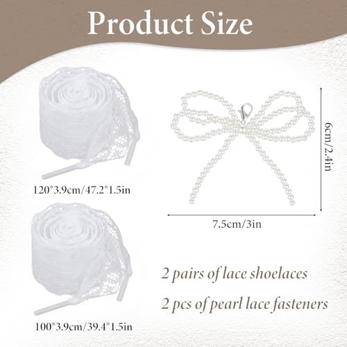 Ajcotahm 2 Pairs Lace Shoelaces for Women, 3cm Wide Flat Fancy Shoelaces, White Hollow Decorative Shoe Strings for Sneakers