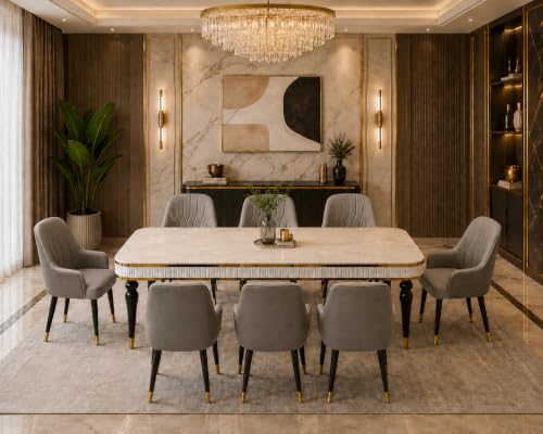 Image of 8 Seater Dining Table Set with Nano Composite Marble Top, Solid Wood Base & 8 Upholstered Chairs, Modern Dining Table Set for Home & Dining Room Furniture