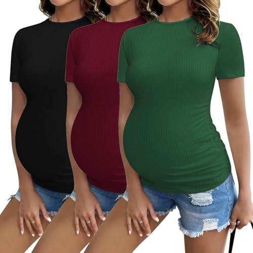 Ekouaer Womens Maternity Shirts 3 Packs Short Sleeve Ribbed Pregnancy Tops Side Ruched Crew Neck Tunic Mama Clothes