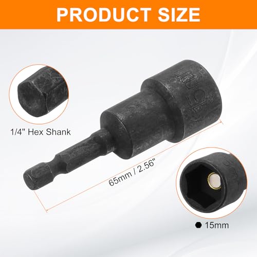 sourcing map Magnetic Nut Driver 15mm Hex Drive Socket CR-V Steel Power Screw Drill Bits Socket Wrench Tools with 1/4" Quick Change Hex Shank for Power Drills Impact Drivers, Black - Image 2