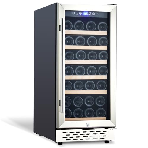 Image of OUTLANE 15 Inch Wine Fridge - 28 Bottles Wine Cooler Refrigerator Built-In or Freestanding, 110V /60HZ, 41-65F Temperature Control, Digital Led Touch, Glass Door, for Bar, Home, Office
