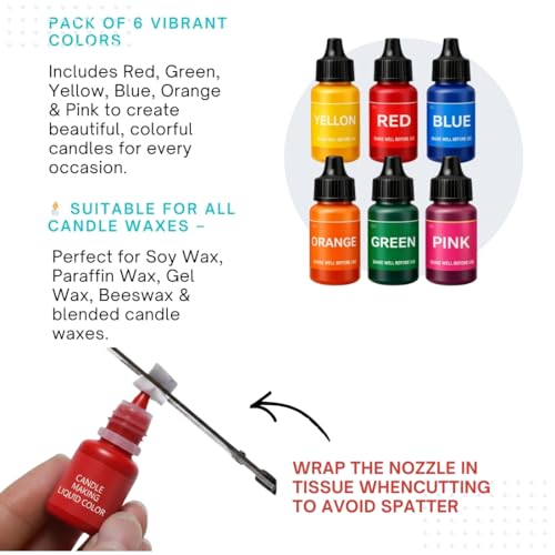 Image of Candle Making Liquid Dye Set 10 ml Each (Pack of 6) | Red, Green, Yellow, Blue, Orange & Pink | Liquid Wax Colour for Soy, Paraffin & Gel | Candle Dye for Candle Making