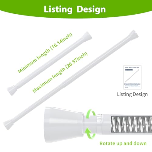 Image of White Tension Rods 16 to 26 Inch Tension Curtain Rod Small Tension Rods Adjustable Curtain Rod Spring Curtain Rods No Drilling Expandable Pressure Spring for Closet Kitchen