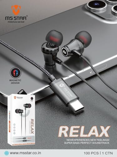 Image of CM MS Star Relax Type-C Magnetic Wired Earphones, Black, Super Bass, Perfect Sound Quality, in-Ear Design