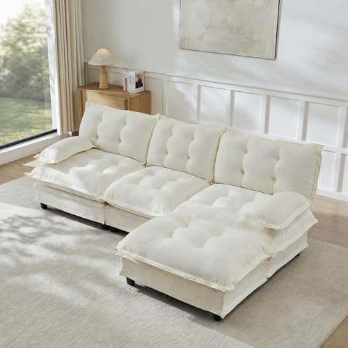 Image of 107 inch L-Shaped Sectional Couches for Living Room, Beige 3 Seater Modern Chenille Deep Seat Sofa Set, Salas para Casa, High Back Cloud Couch Modular Sectional Sets with Ottoman
