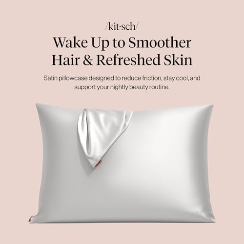 Image of Kitsch Satin Pillowcase with Zipper for Hair & Skin - Softer Than Silk Pillow Cases, Smooth Cooling Satin Pillow Case, Wrinkle-Free, Machine Washable - Pillow Cases Standard Size (19x26) - Silver