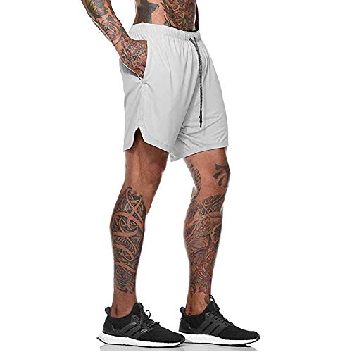 Hanerdun Men 2 In 1 Workout Running Athletic Shorts Sport Pants With Pocket Light Gray #TOP2