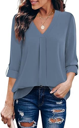 Youtalia Womens Blouses 3/4 Cuffed Sleeve Chiffon V Neck Casual Shirts Tops
