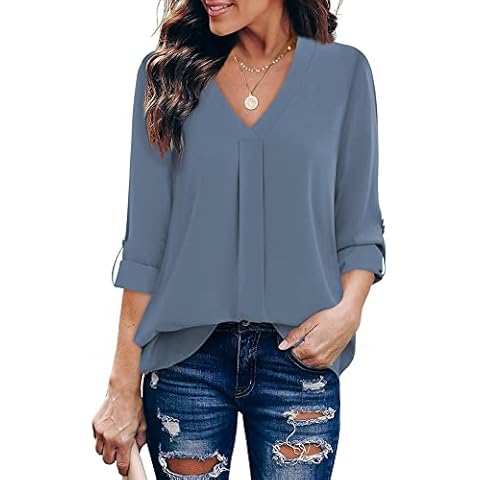 Youtalia Womens Chiffon Tops, Ladies Business Casual Blouses Long Sleeve V Neck Tunic Shirt (X-Large, Blue Grey) Cover