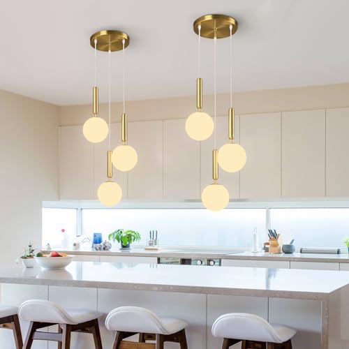 Image of Modern Gold Pendant Light Hanging Fixture Light for Kitchen Island Mid Century with Globe Pendant Light Milk White Glass Pendant Lighting for Living Room Bedroom Entryway (3 Lights)