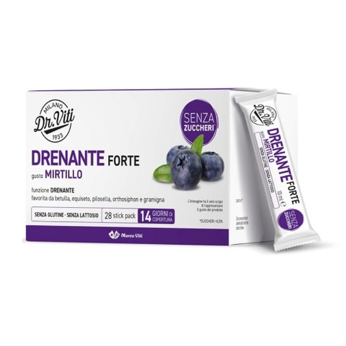 Dott. Viti Drenante Mirtillo 28 Stick Liquidi - Integratore Alimentare con Betulla, Equiseto, Pilosella, Orthosiphon e Gramigna