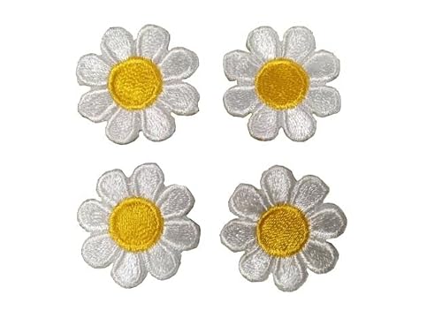 1 Inc White Yellow Daisy Flower Lot 4Pcs Iron On Patches For Clothing, Embroidered Patch Cute For Women Men Kid Girl Boy, Applique Patches For Jean, Hat, Jacket, Backpack, Shoes, Shirt #TOP13