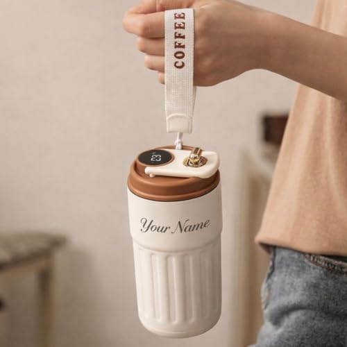 Image of VOLITO Personalized Coffee Mug with Temperature Display, 420ml Ceramic Travel Coffee Cup with Lid, Insulated Coffee Tumbler with Wrist Strap, Custom Name Gift for Coffee Lovers(mini 420ml)