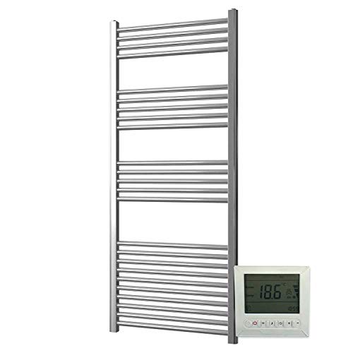 Greened House Electric Chrome 600W x 1400H Flat Towel Rail + Timer and Room Thermostat New Bathroom Towel Rail Radiator