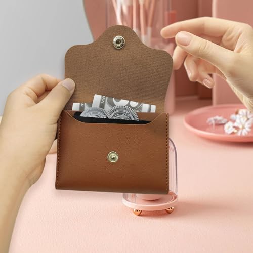 Mini Women Coin Purse, Slim Soft PU Leather Wallet Bi-Fold Ladies Wallet with Snap Closure Solid Colour Coin Wallet for Storing Coin Cash Cards (Brown)4