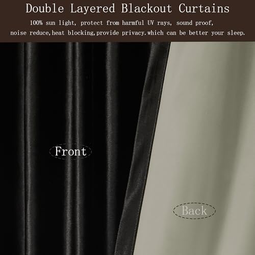 Image of 100% Blackout Black Velvet Curtains 102 inch Long for Living Room,Elegant 2 Panel Back Tab Thermal Insulated Room Darkening Curtain with Liner Heavy Noice Reducing Soundproof Window Drapes for Bedroom