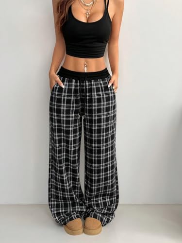 Women's Gingham Pants Plaid Casual Y2k Checkered Waist Wide Leg Baggy Pants Long Trousers with Pockets3