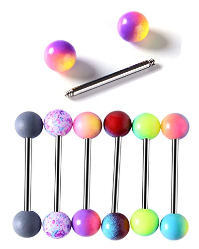 Tanyoyo 14G 18 Pcs Colorful Ball Tongue Rings Stainless Steel Barbell Tongue Straight Ring Retainer Nipple Ring Bar Length 16mm For Women Men2