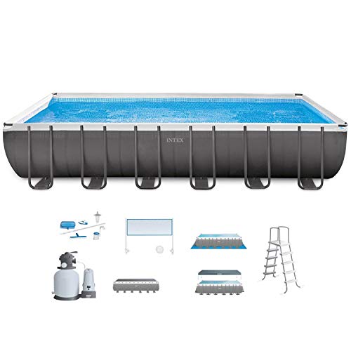 Intex 24ft X 12ft X 52in Ultra Frame Rectangular Pool Set with Sand Filter Pump & Saltwater System, Ladder, Ground Cloth, Pool Cover, Maintenance Kit & Volleyball